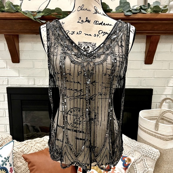 Tops - Intricate Sequin Embellished Detailed Black Mesh Top